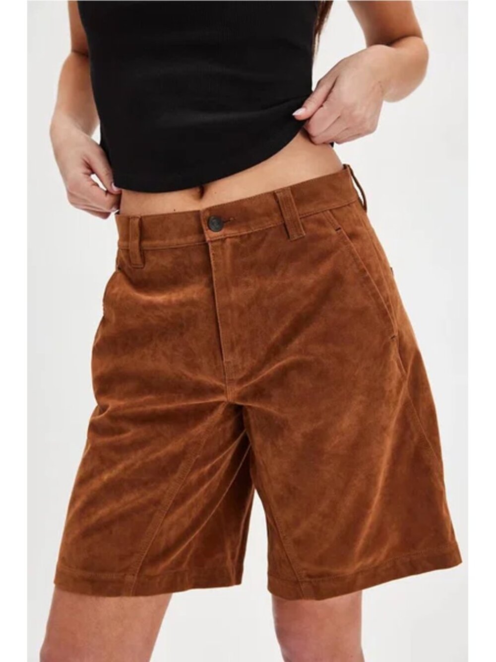 NWT New Free People Dylan Vegan Suede Long Shorts In Caramel Cafe Size 27 - Picture 3 of 11